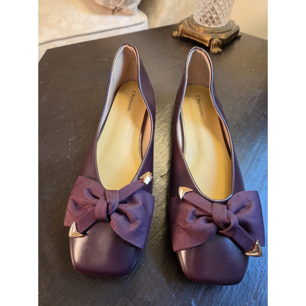 C.Paravano Wms Ballet Flats Square Toe Bow Purple Leather Sz 40.5/9.5 NEW! $128 - Picture 2 of 11